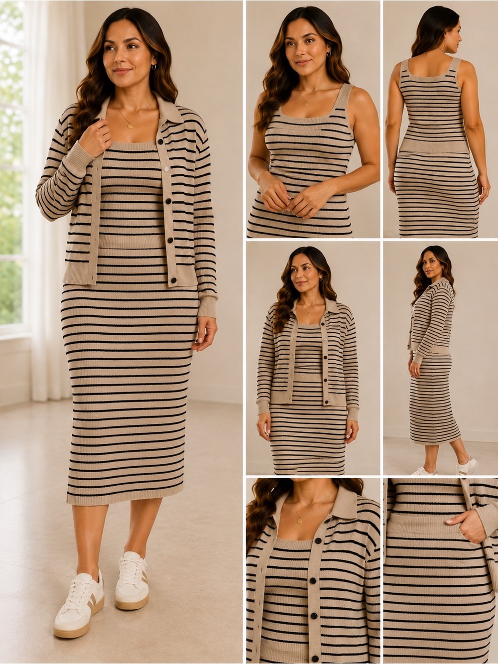 Marled Beige & Black Striped Knit Tank, Cardigan & Midi Skirt Set